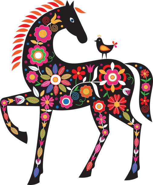 Horse with folk ornaments vector art illustration