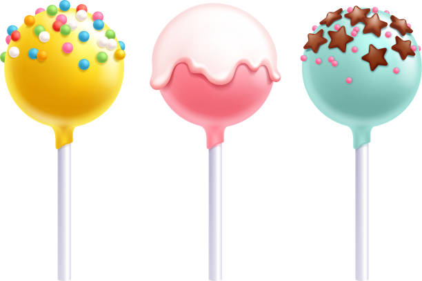 Lollipops cake pops set vector illustration Lollipops set. Colorful cake pops on stick with sprinkles. popsicle stick stock illustrations
