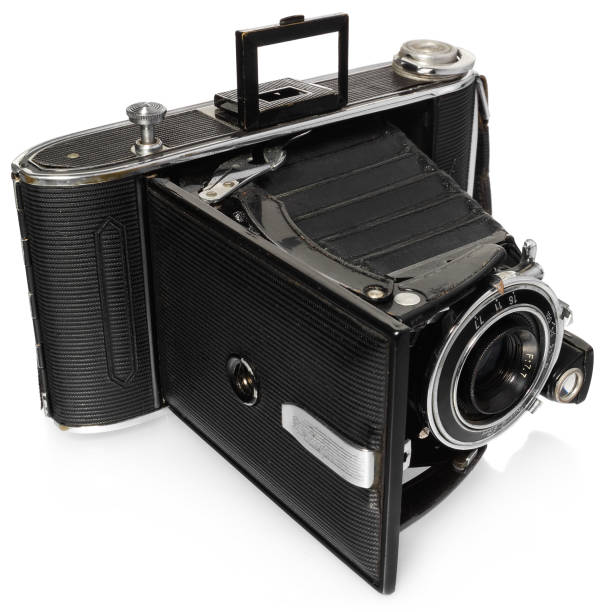 istock Old, antique, black, pocket camera,  view at an angle from above. 641113226