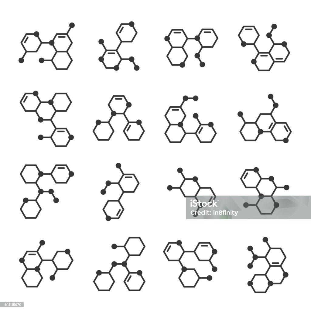 Molécula estructura iconos conjunto. Muestra de logotipo. Vector de - arte vectorial de Molécula libre de derechos