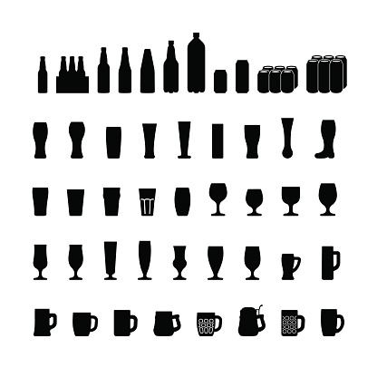 Beer bottles and glasses icons set, black silhouette. Vector illustration