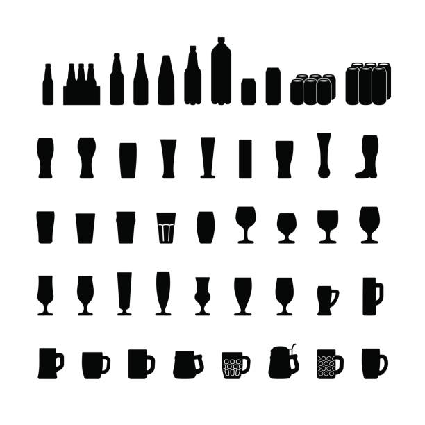 Beer bottles and glasses icons set, black silhouette. Vector Beer bottles and glasses icons set, black silhouette. Vector illustration glass of beer stock illustrations