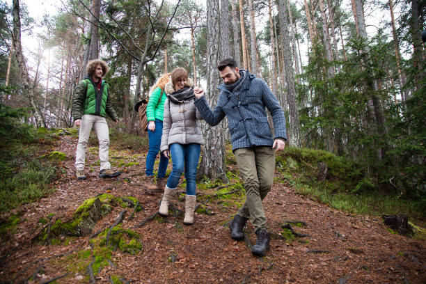 istock Group of friend walking into wood 641118368