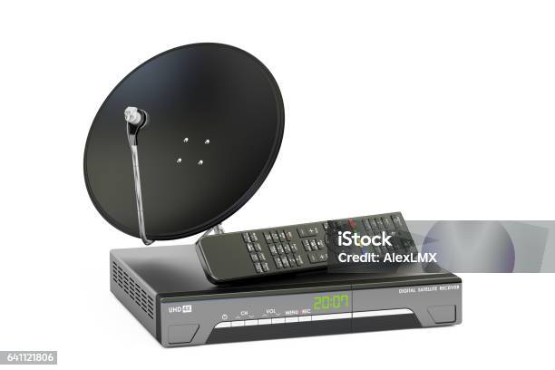 Digital Satellite Receiver With Satellite Dish Telecommunications Concept 3d Rendering Stock Illustration - Download Image Now