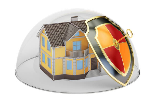 ilustrações, clipart, desenhos animados e ícones de conceito de segurança e proteção para casa, casa coberta por uma cúpula de vidro. renderização 3d - cupola