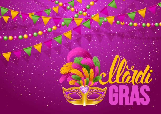 Mardi Gras Mardi Gras Carnaval design. Luxury golden venetian mask with lush feathers and calligraphy inscription Mardi Gras on bright background with festive decorations. Vector illustration. mardi gras flyer stock illustrations
