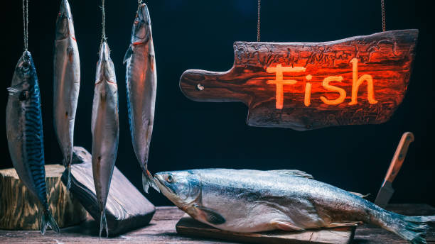 istock Hanging sign in seafood market 641123584