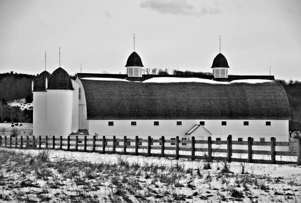 Historic D.H.Day Barn in Glen Arbor Michigan A winter, black and white view of the historic D. H. Day barn in Glen Arbor, Michigan, part of the Sleeping Bear Dunes National Lakeshore. michigan farmland stock pictures, royalty-free photos & images