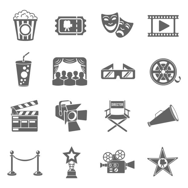 Cinema and Movie Icons Set Cinema and Movie Icons Set with popcorn, award, clapperboard, tickets and 3D glasses. Isolated vector illustration megaphone borders stock illustrations