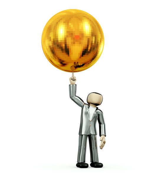 businessman character holding gold sphere - business balance human representation three dimensional shape imagens e fotografias de stock