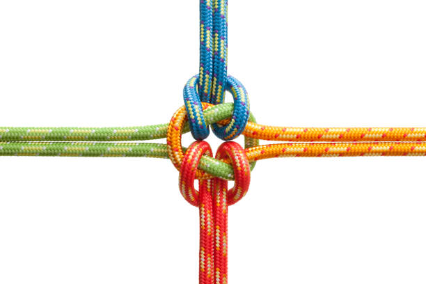 Four twisted ropes of different colors linked together in the middle.  The ropes are red, blue, yellow and green in color.