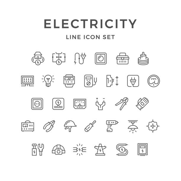 ilustraciones, imágenes clip art, dibujos animados e iconos de stock de conjunto de iconos de electricidad - luz electricidad y hogar