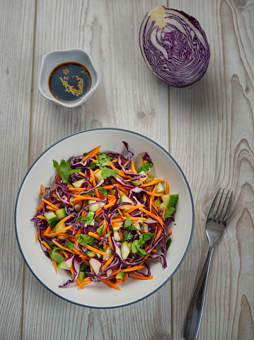Home made oriental style healthy slaw,made by sliced red cabbage,carrots,cumcumber,and coriander.mix with soy sauce and rice vinegar,mustard seeds.