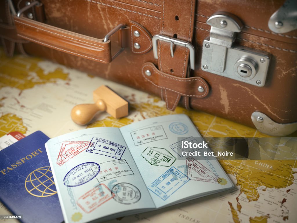 Travel or turism concept.  Old  suitcase  with opened passport Travel or turism concept.  Old  suitcase  with opened passport with visa stamps. 3d illustration


 Passport Stock Photo