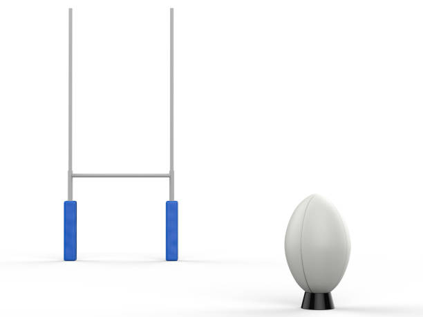 rugby ball with rugby posts 3d rendering rugby ball with rugby posts on white background goal post stock pictures, royalty-free photos & images