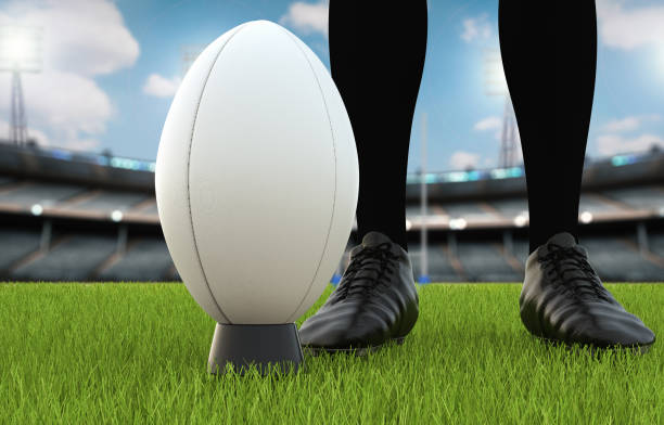 bola de rugby com rugby posts no campo - rugby wooden post goal post rugby post - fotografias e filmes do acervo