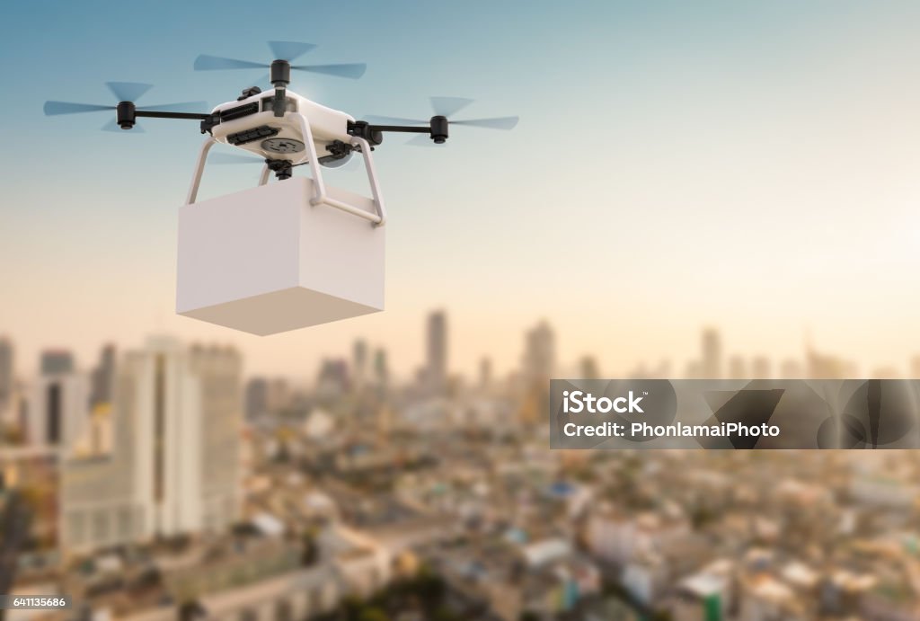 delivery drone flying in city 3d rendering delivery drone flying with cityscape background Drone Stock Photo