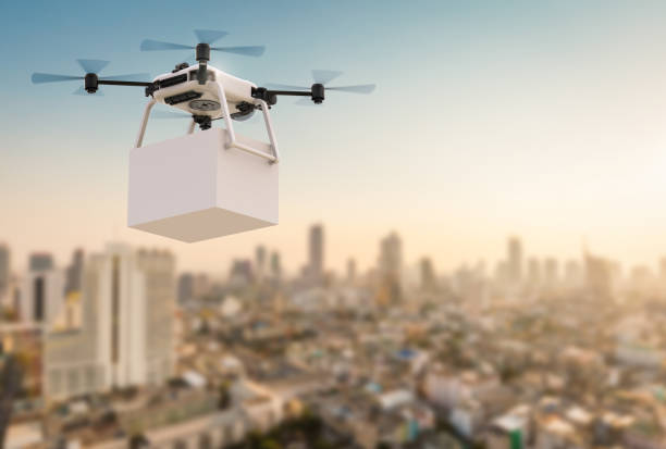 delivery drone flying in city 3d rendering delivery drone flying with cityscape background amphibious vehicle stock pictures, royalty-free photos & images