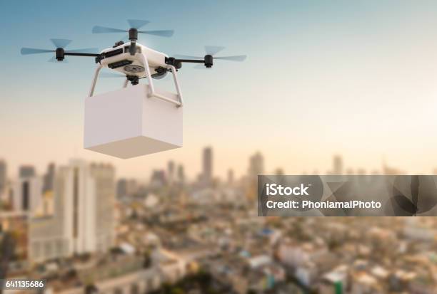 Delivery Drone Flying In City Stock Photo - Download Image Now - Drone, Delivering, Package