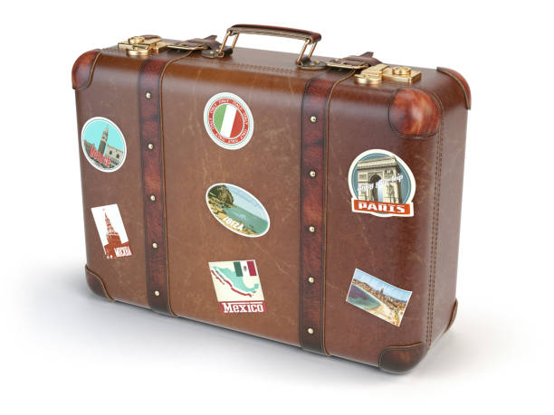 istock Retro suitcase beggage with travel stickers isolated on white background. 641137540