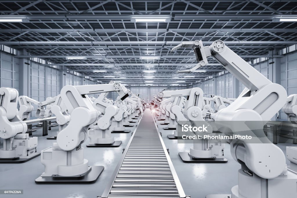 robotic arm with conveyor line 3d rendering robotic arm with conveyor line Car Plant Stock Photo