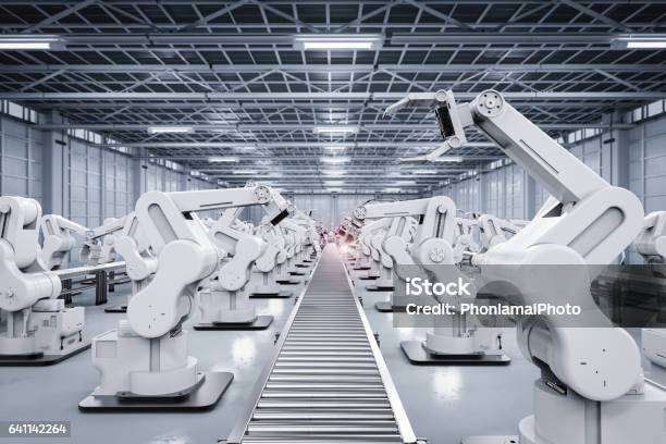 Robotic Arm With Conveyor Line Stock Photo - Download Image Now - Car Plant, Manufacturing, Robot