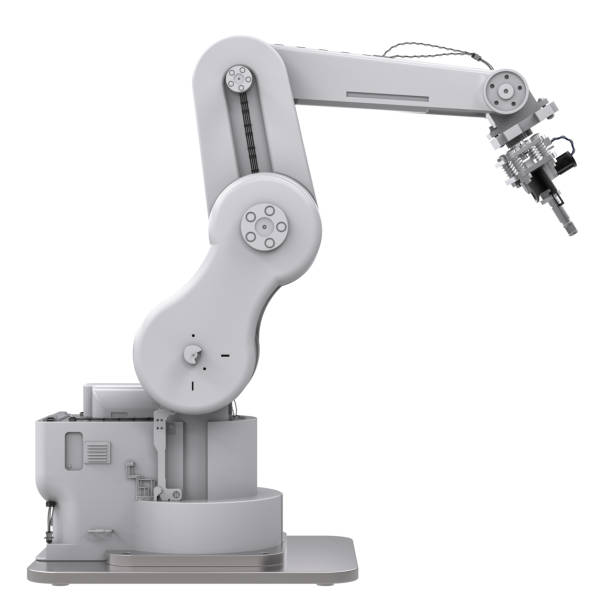 brazo robótico soldadura aislado en blanco - industrial object fotografías e imágenes de stock