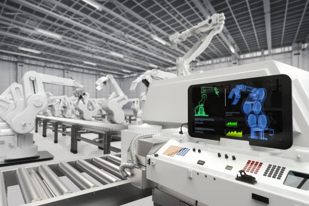 concetto di automazione del settore - car industry robot arm car plant foto e immagini stock