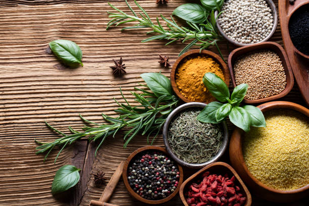 istock Colorful spices in bowls on wooden table 641149874