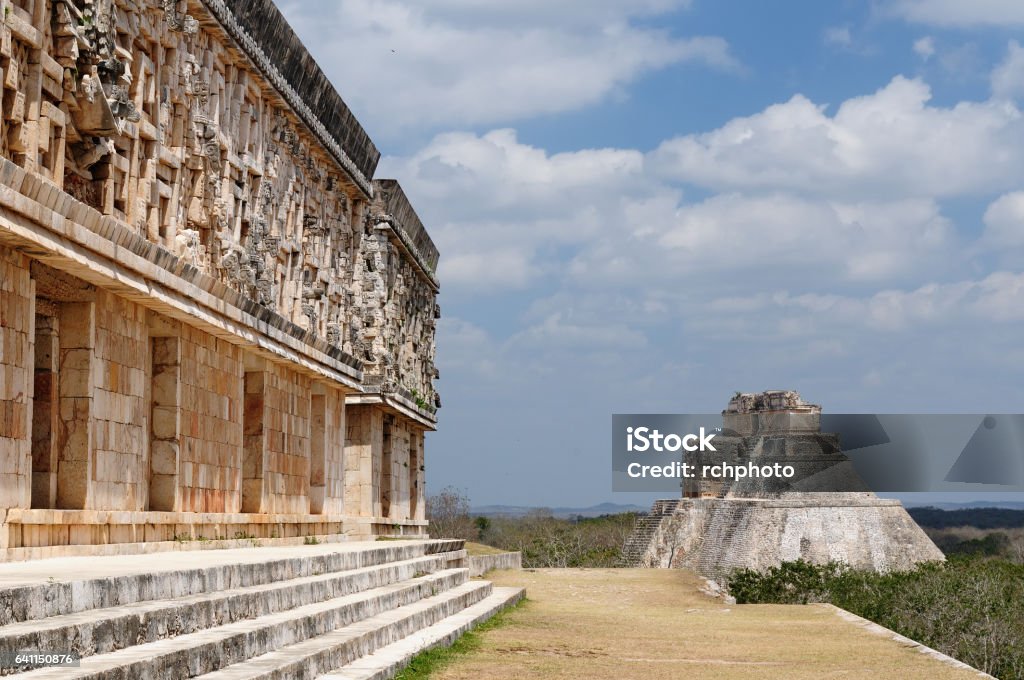 Mexican Mayan ruins in Uxmal Uxmal Maya ruins is the archaeological site of greatest relevance in the Puuc Route. Renowned for the beautiful friezes of its buildings facades, created with small stones perfectly polished, Mexico Aztec Civilization Stock Photo