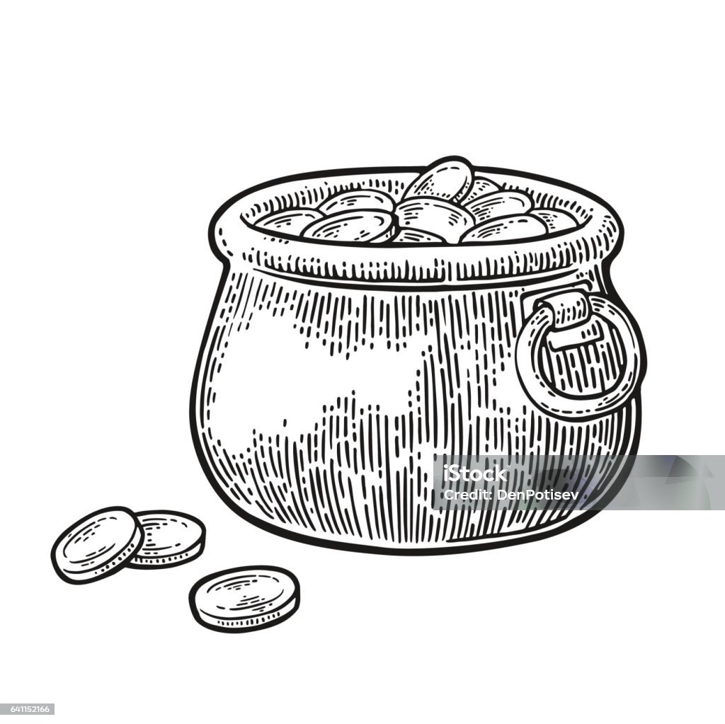 Pot of gold coins.. Vector vintage engraving black illustration Pot of gold coins. Vector engraving vintage black illustration isolated on white background. Engraved Image stock vector