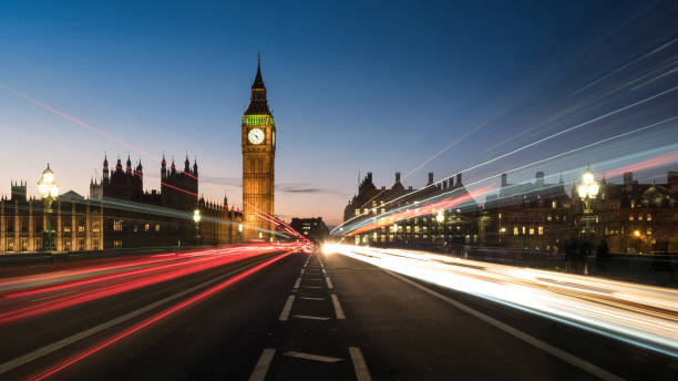 istock Big Ben from the Road with Light Trails 641154976