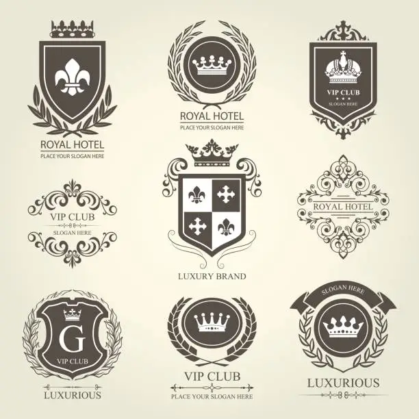 Vector illustration of Luxurious heraldic emblems and badges with shields and crowns