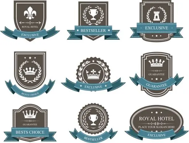 Vector illustration of Emblems and badges with crowns and ribbons - award