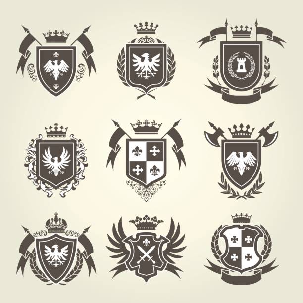 illustrations, cliparts, dessins animés et icônes de écusson royal médiéval et emblèmes de chevalier - crête de blason - animal crests shield