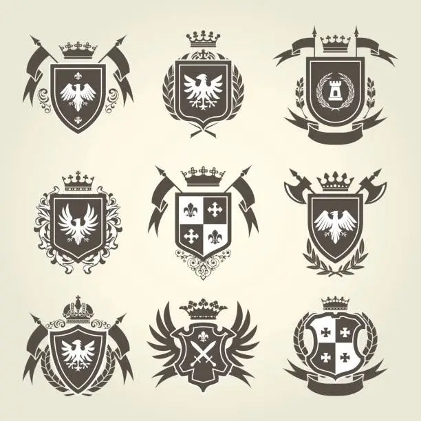 Vector illustration of Medieval royal coat of arms and knight emblems - heraldic shield crest