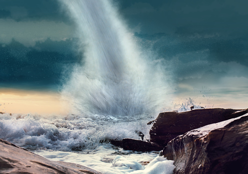 Tornado on the Sea near the coast - close-up color image
