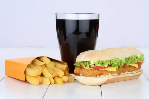 Chickenburger chicken burger hamburger and fries menu meal combo cola drink unhealthy eating food