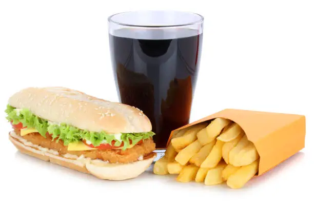 Chickenburger chicken burger hamburger french fries menu meal combo cola drink fast food isolated on a white background