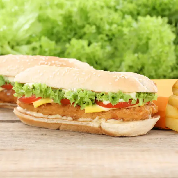 Chickenburger chicken burger hamburger and fries tomatoes lettuce fast food