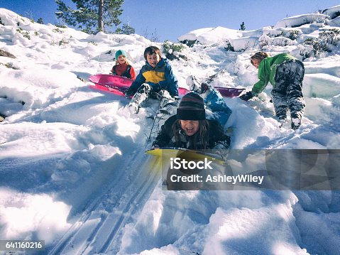 istock Group of children sledding together 641160216