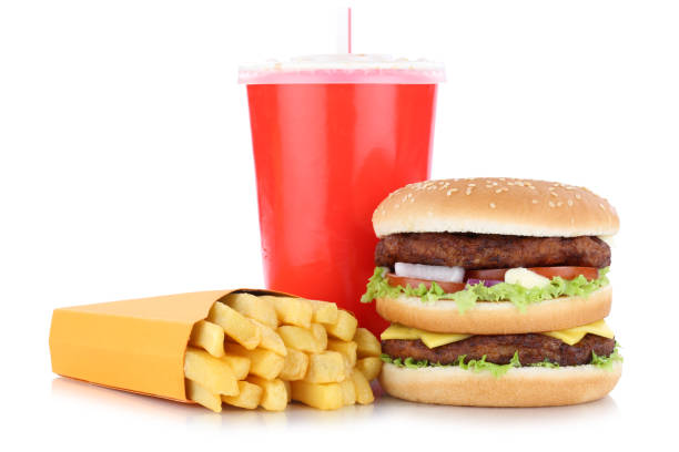istock Double burger hamburger and fries menu meal combo drink isolated 641162304