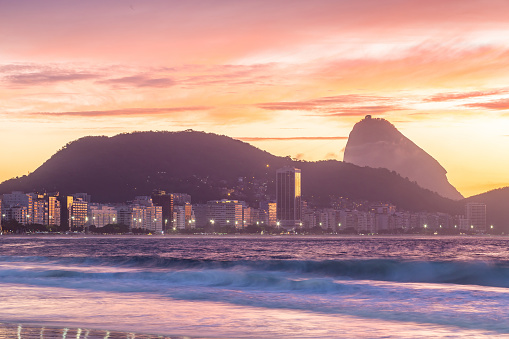 Sunrise view of Copacabana and mountain Sugar Loaf in Rio de Janeiro Brazil
