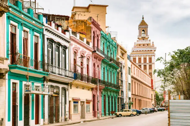 Row of colorful houses in Old Havana, Cuba.