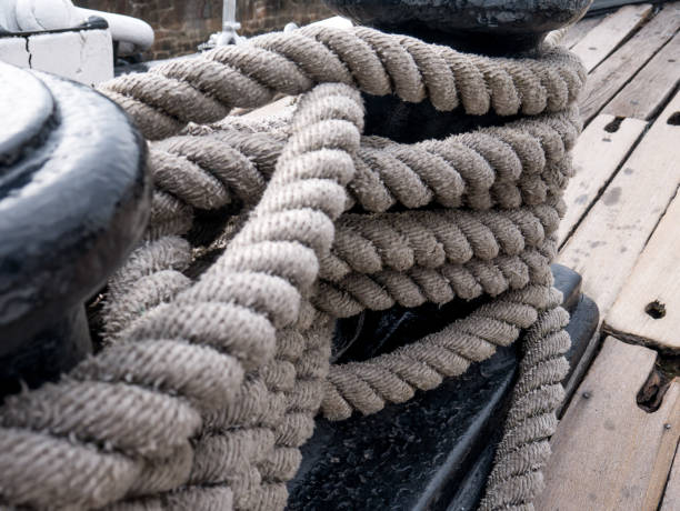 istock Tight rope knot on wood of ship 641166534