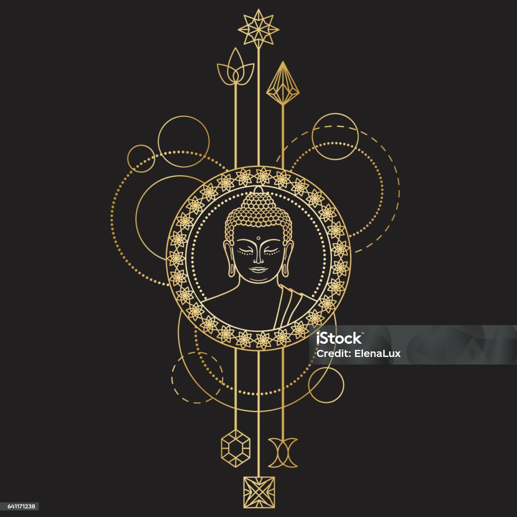 Gold Buddha Head on Abstract Background Gold Buddha head with abstract elements. Sign for tattoo, textile print, mascots and amulets on black background. Abstract stock vector