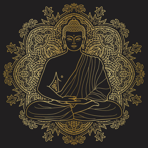 illustrazioni stock, clip art, cartoni animati e icone di tendenza di buddha d'oro meditativo seduto - budda