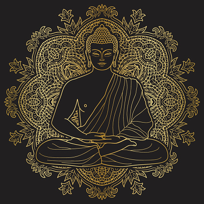 Sitting outline Gold Buddha in Lotus position on mandala round background isolated on black. Sign for tattoo, textile print, mascots and amulets. Esoteric coloring page.