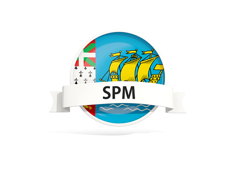 Flag of saint pierre and miquelon with banner and country code isolated on white. 3D illustration