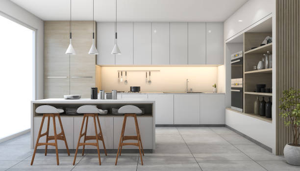 3d rendering weiße moderne küche mit lampe - modern kitchen stock-fotos und bilder